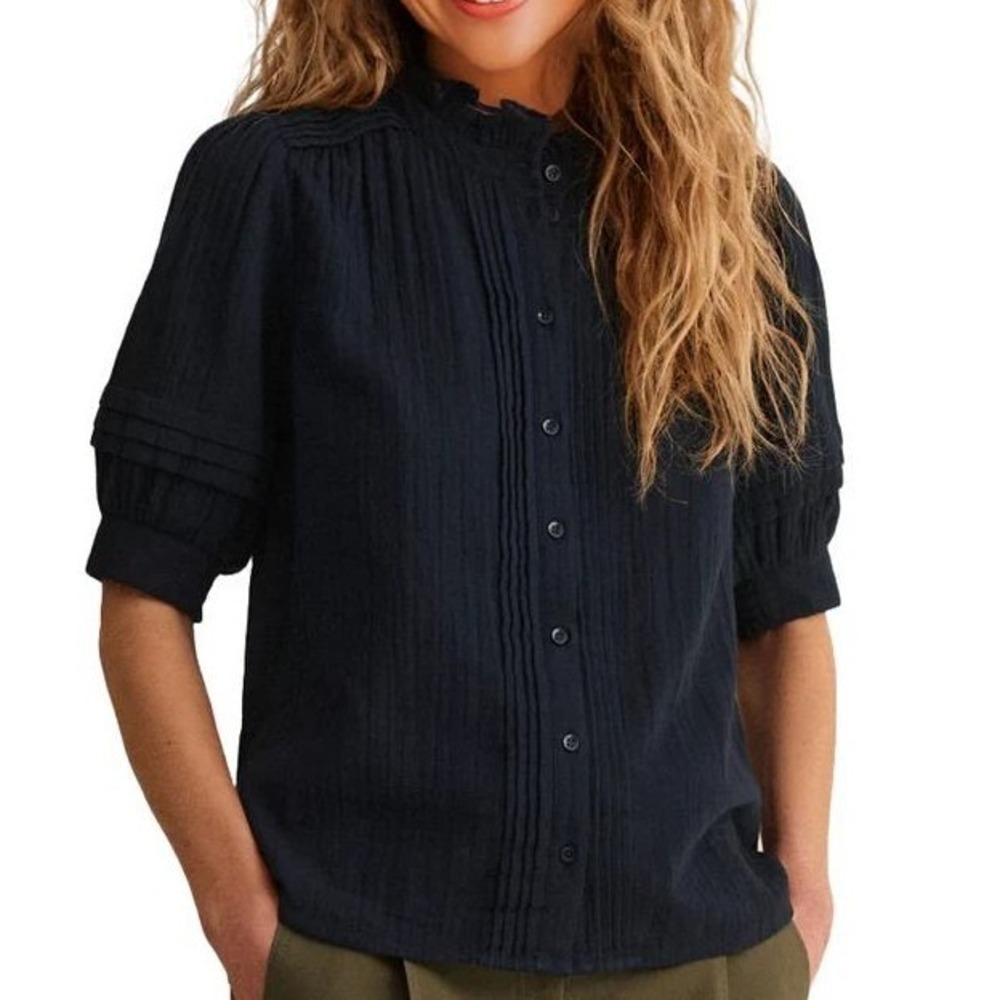 ME+EM Navy Cheesecloth Short Sleeve Blouse Cotton Button Down Size 12